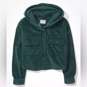 New American Eagle Hooded Cropped Corduroy Button-Up Shirt Green Size Small.